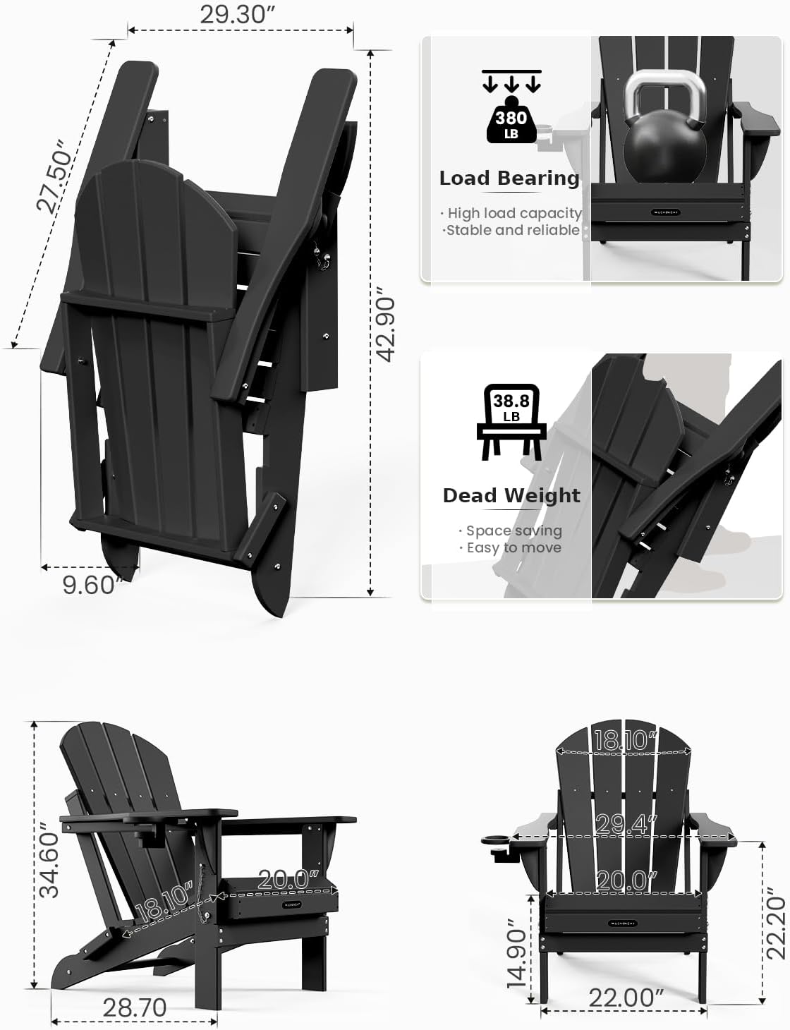 MUCHENGHY Folding Adirondack Chairs Patio Chairs Outdoor Adirondack Chair Weather Resistant Chair for Patio, Outside, Deck, Backyard, Fire Pit Chair, Campfire Chairs (Black)