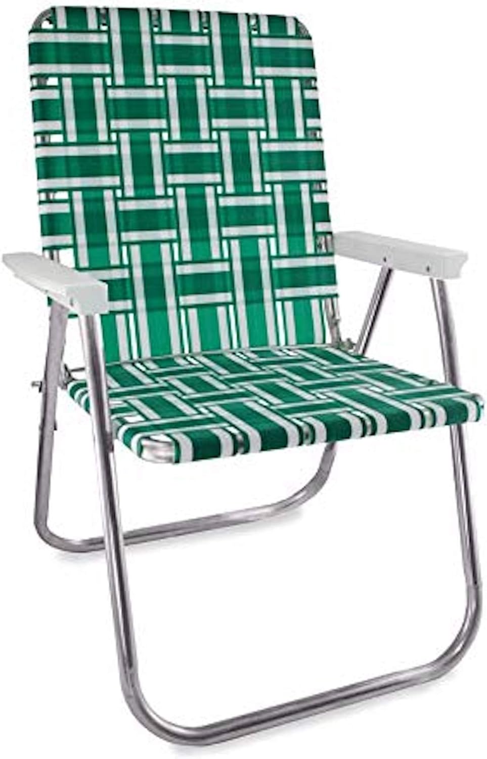 Lawn Chair USA Folding Aluminum Outdoor Patio Lawn Chair | Heavy-Duty Webbed Chairs for Camping, Sports, Beach, Yard & Tailgating | Lightweight Portable | Classic - Green and White with White Arms