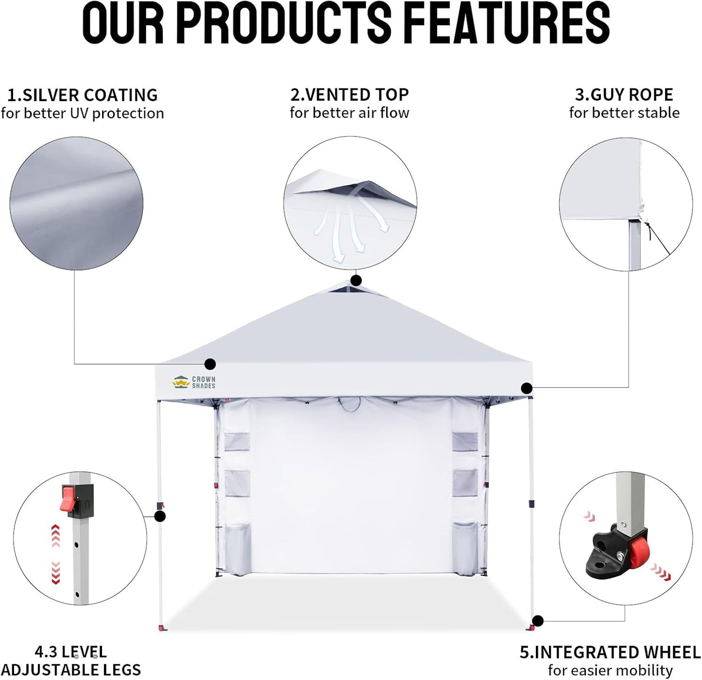 CROWN SHADES Canopy Tent 10x10 Pop Up Canopy Outdoor Shade with Pockets Sidewall, Easy Up Sun Shelter with One Person Set Up Center Lock, Portable Instant Camping Beach Canopy Tents, White