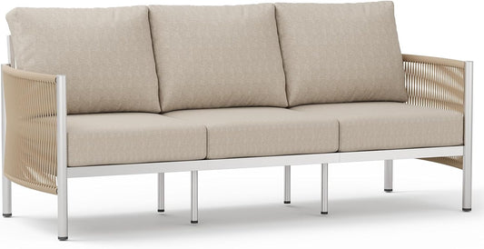 Aluminum Outdoor Patio Couch, 3 Seats HDPE Rope Patio Sofa with Washable Thick Cushion, All-Weather Patio Furniture for Balcony, Yard, Silver Frame, Beige
