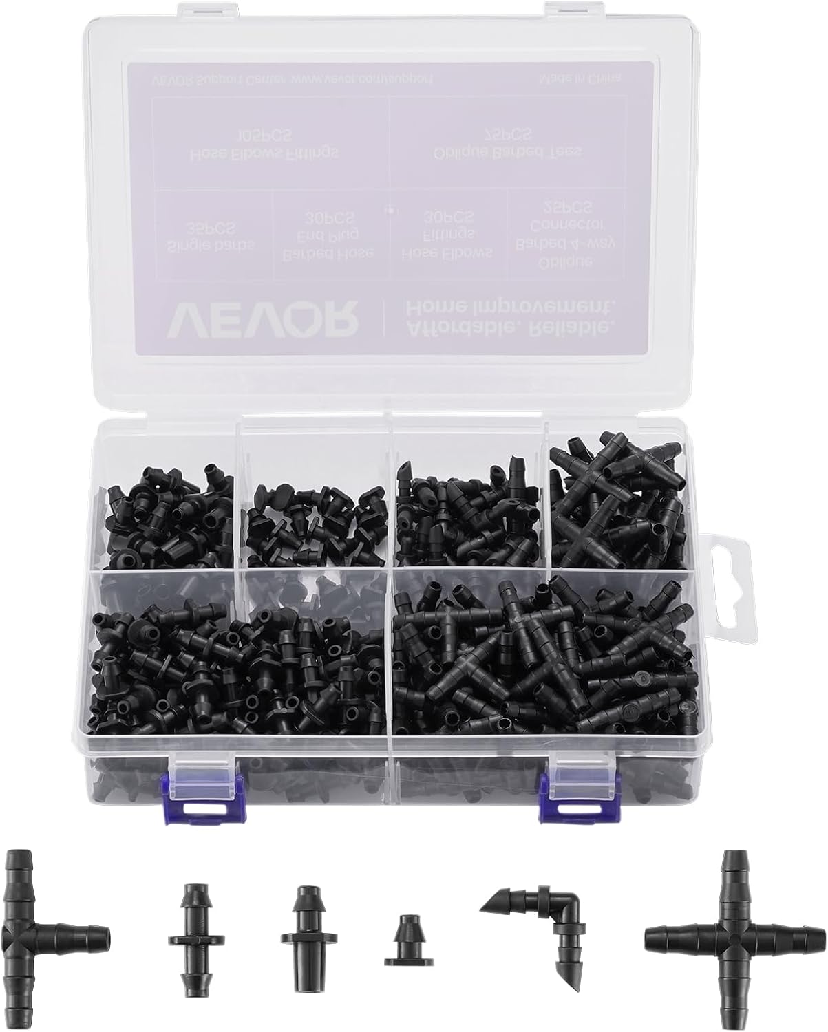 VEVOR Drip Irrigation Fittings Kit for 1/4" Tubing, 300 Pcs Drip Irrigation System Parts, Tees, Straight Barb, 4 Way Coupling, Elbows, End Plug, Single Barbs, Barbed Connectors for Yard Garden Lawn