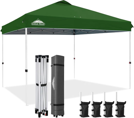 EAGLE PEAK Pop Up Canopy Tent with Wheeled Carry Bag, 8 Stakes, 4 Ropes, 4 Weight Bags, Easy Set Up Tent Canopy, 12x12 ft, 144sqft of Shade, Green