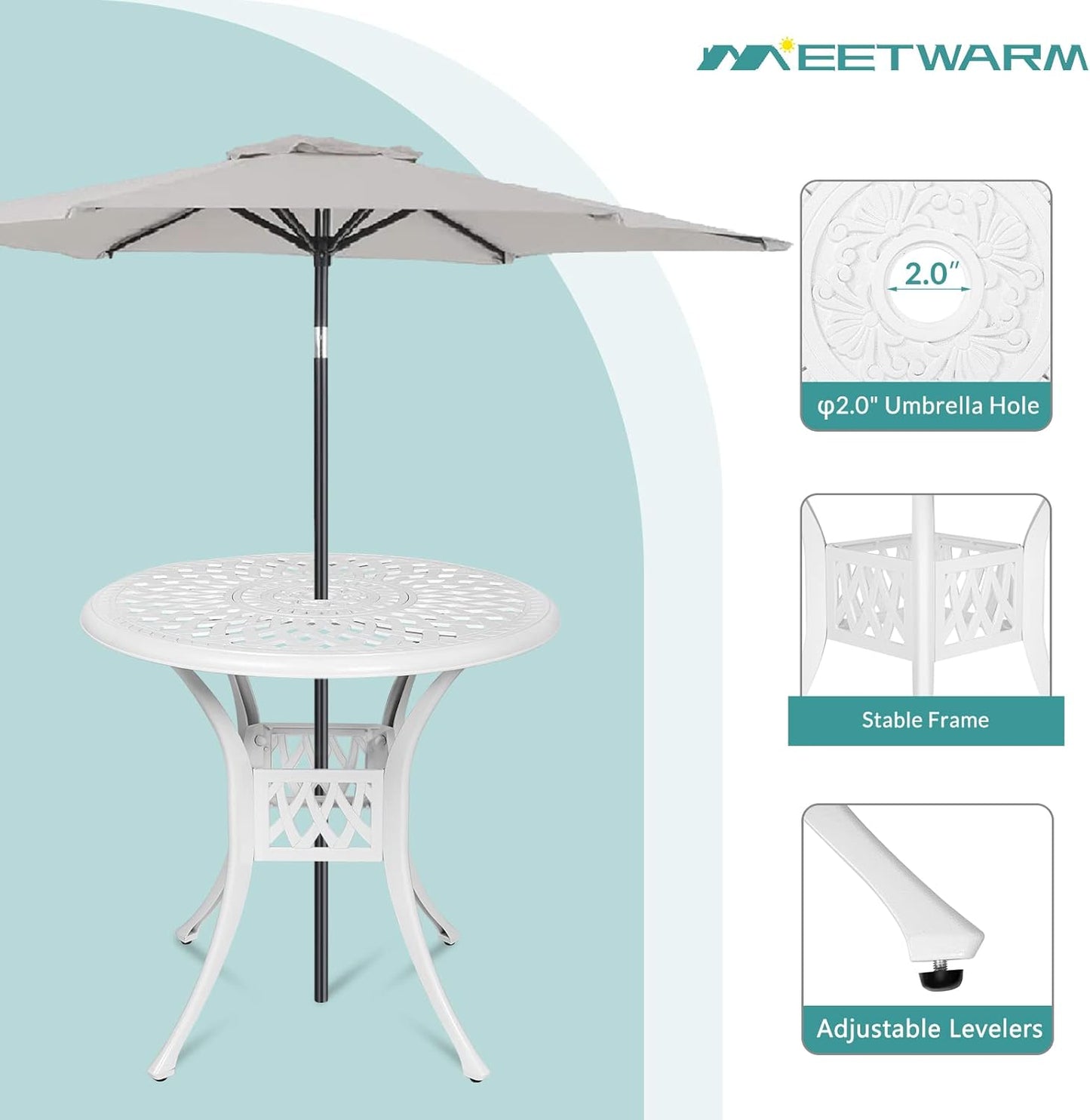 MEETWARM 3 Piece Patio Bistro Set, Outdoor All-Weather Cast Aluminum Dining Furniture Set Includes 2 Chairs and a 31” Round Table with Umbrella Hole for Garden Deck, White