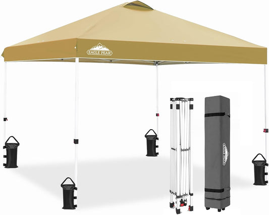 EAGLE PEAK Pop Up Canopy Tent with Wheeled Carry Bag, 8 Stakes, 4 Ropes, 4 Weight Bags, Easy Set Up Tent Canopy, 10x10 ft, 100sqft of Shade, Beige