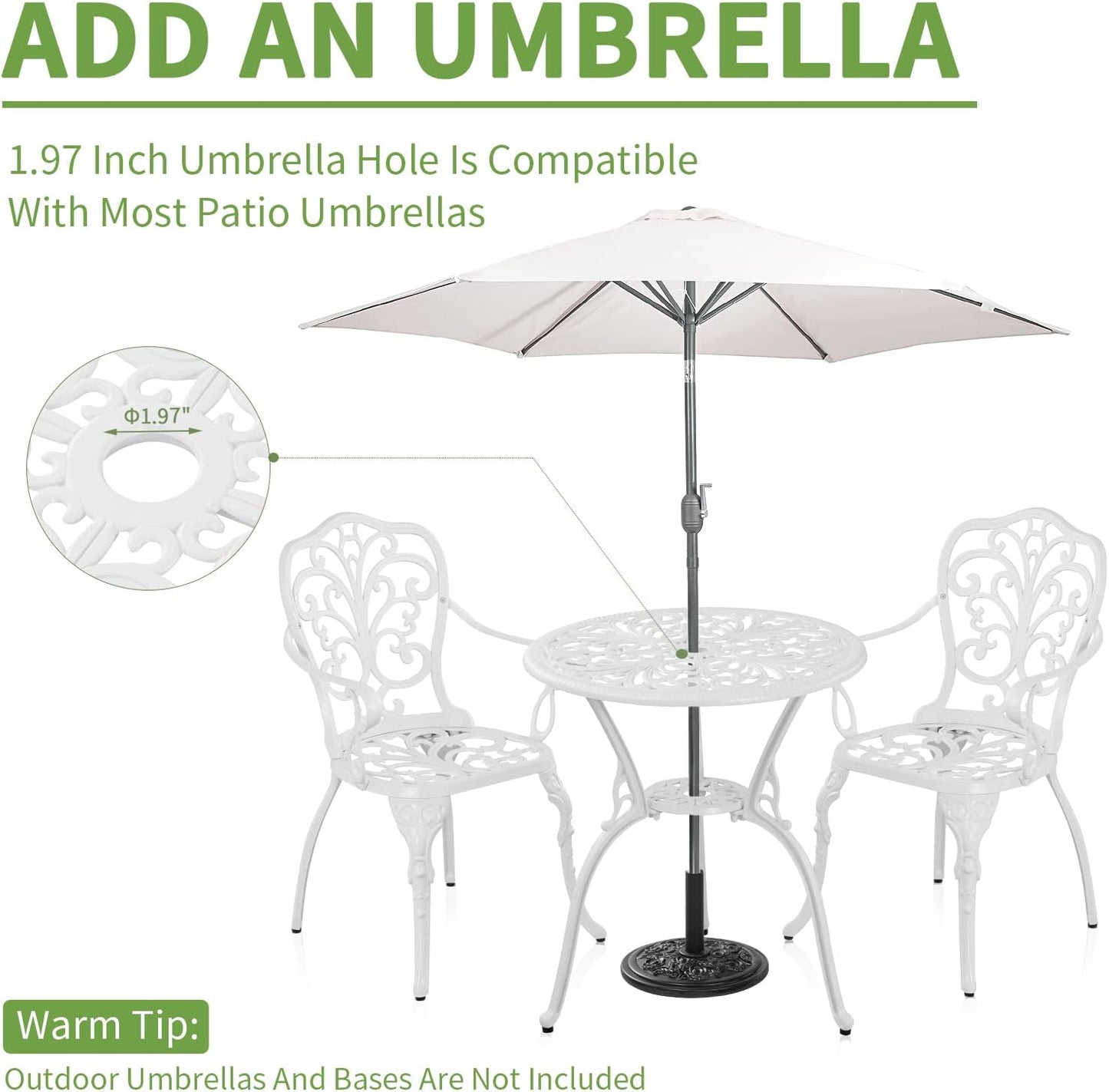 Cast Aluminum Patio Bistro Sets 3 Piece, Outdoor Bistro Set 3 Piece, Aluminum Bistro Set Outdoor, Patio Table Set with 1.97" Umbrella Hole, Patio Furniture Set for Backyard, Porch