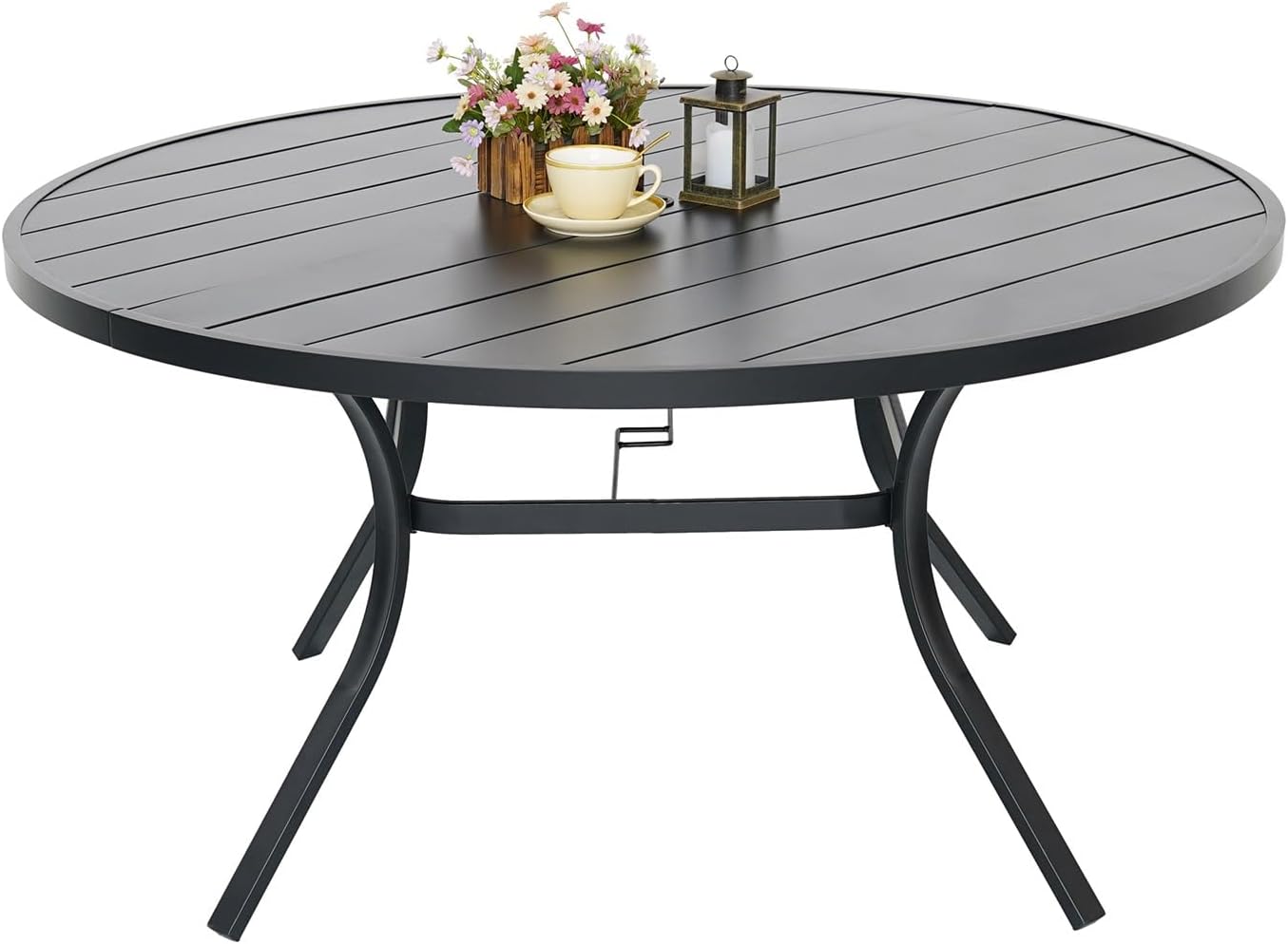 Outdoor Patio Round Dining Table, 58"x 58" Metal Slatted Round Tabletop with Adjustable Umbrella Hole for Deck Lawn Garden Backyard Balcony Deck, Black
