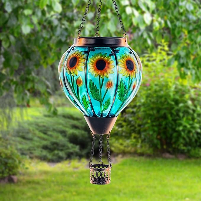 Starsoul 2 PC Sunflowers Hot Air Balloon Solar Lantern with Flame Glass Hanging Outdoor Hot Air Balloon Solar Light Waterproof Garden Patio Yard Party Decorations