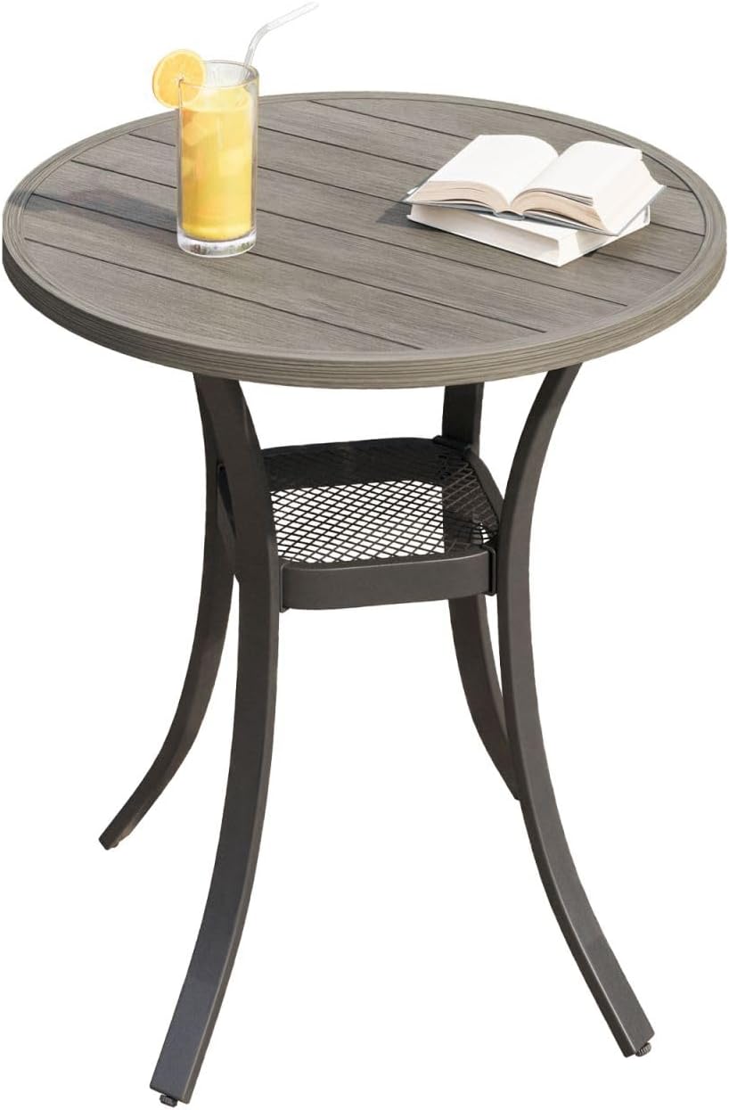 DIFY 27.6" Round Patio Dining Table, Outdoor Bistro Table with Rust Resistant Metal Frame, Ideal for Lawn, Backyard and Deck, Grey Wood-Like