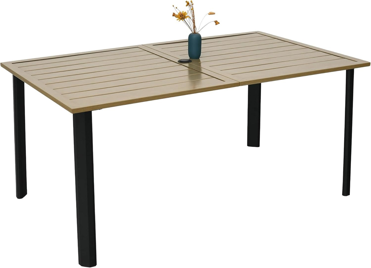 Outdoor Patio Table for 6 Person, Patio Dining Rectangle Table with 1.57" Umbrella Hole for Garden Lawn Backyard Parties, Black Metal Frame 63" L x 38" W x 29" H Brown