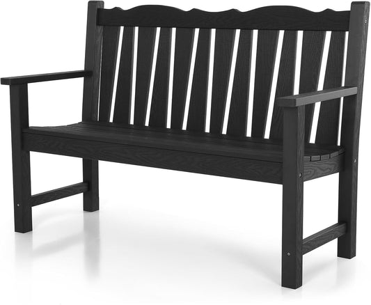 Outdoor Bench Weatherproof, 2-Person Garden Benches for Outdoors, All Weather HIPS Patio Bench Holds up to 800lbs, Never Rot or Fade, Comfort Bench for Porch, Garden, Patio, Backyard and Park, Black