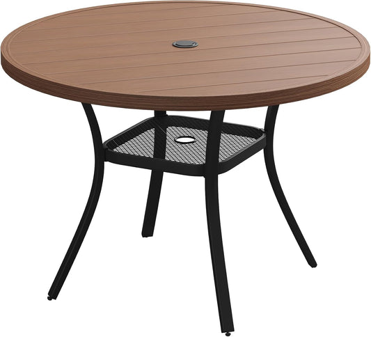 VICLLAX Round Patio Table with Adjustable Umbrella Hole, All Weather Outdoor Round Dining Table for Lawn Garden, 41.2"x 28" Walnut Wood-Like Outdoor Coffee Table
