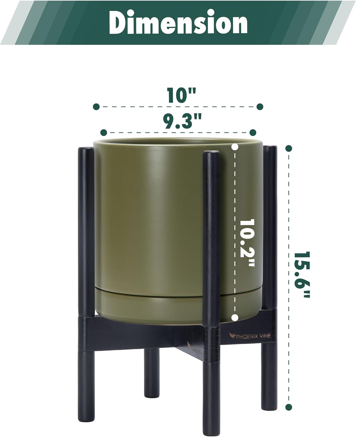 D'vine Dev Ceramic Planter with Ebony Stand - 10 Inch Modern Round Flower Pot with Wood Planter Holder, Olive, 55-B-L-J