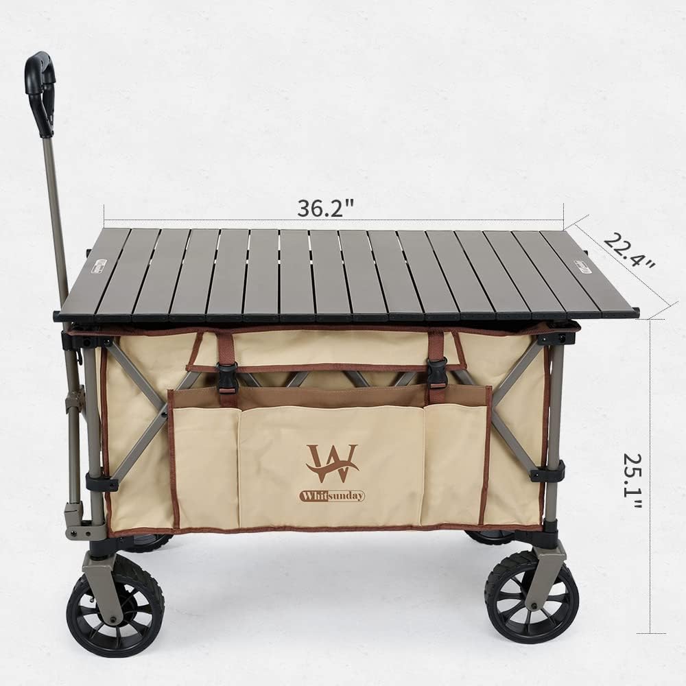Whitsunday Folding Collapsible Wagon Cart, Beach Heavy Duty Wagon with Table,Utility Grocery Cart for Camping Sports Outdoor Shopping Park Khaki