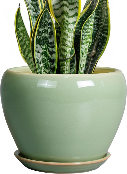 8 Inch Plant Pot - Ceramic Planter for Outdoor Plants Indoor Plant Pot with Drainage Hole and Saucer Mid-Century Round Planter Flower Pot for House Garden Green