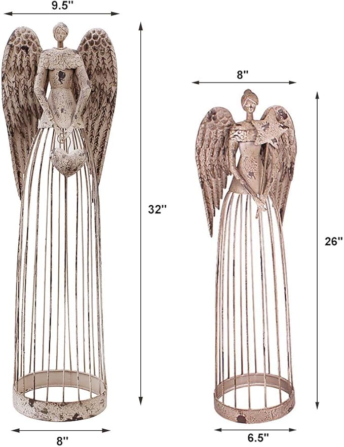 Morning View Metal Angel Statue Decor for Garden Yard Art Outdoor Standing Large Angel Decorations with Star Antique Patio Patio Lawn Holiday Christmas Set of 2 (26 and 32 Inches Tall)