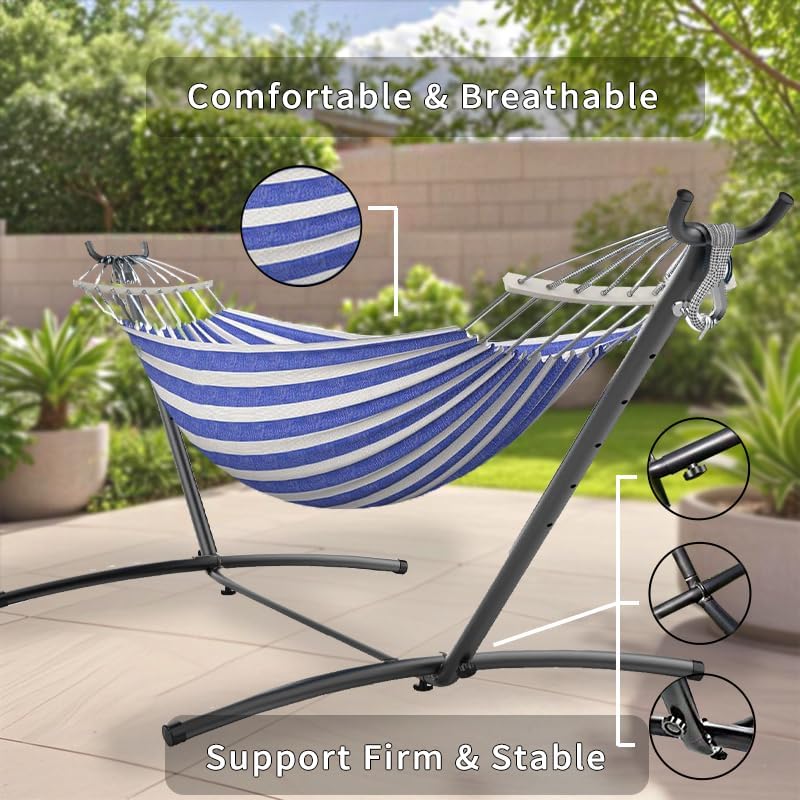 Double Hammock, Heavy Duty Portable, 500 lb Weight Capacity, Perfect for Both Indoors and Outdoors, 2 Person Hammock with Carrying Bag, Blue White