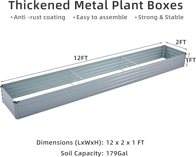 12x2x1FT Galvanized Raised Garden Beds Kit Large Outdoor Metal Gardening Planter Box for Vegetable Elevated Flower Herbs, Gray