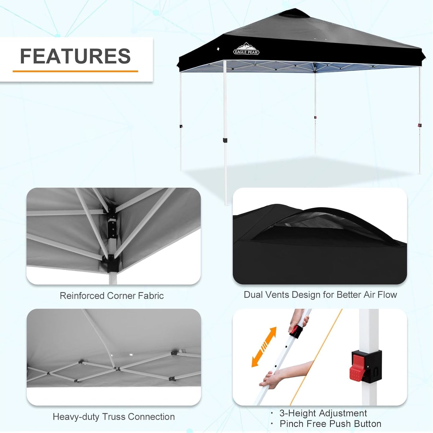 EAGLE PEAK Pop Up Canopy Tent with Wheeled Carry Bag, 8 Stakes, 4 Ropes, 4 Weight Bags, Easy Set Up Tent Canopy, 12x12 ft, 144sqft of Shade, Black