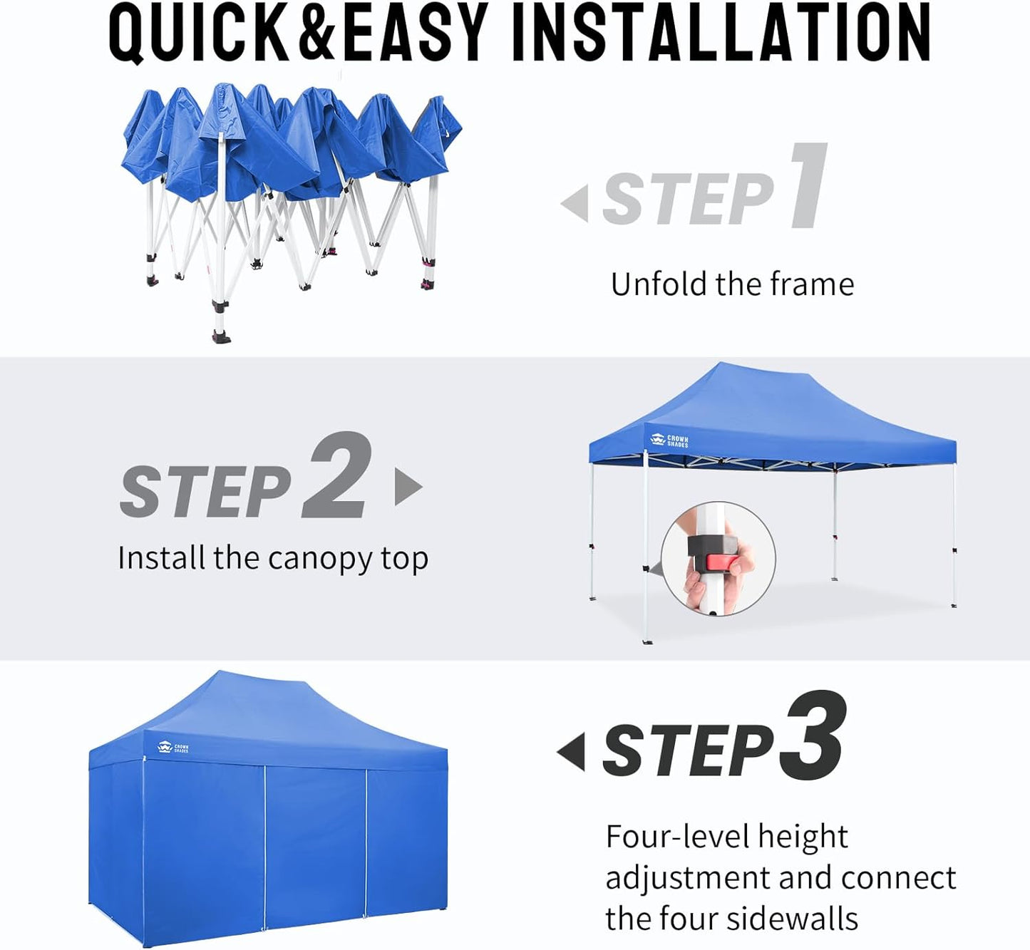 CROWN SHADES 10x15 Pop Up Canopy Tent, Thicken Frame Commercial Heavy Duty Tent, with 4 Sidewalls 8 Stakes & 4 Sandbags & 4 Ropes, Outdoor Canopies for Events, Parties,Blue