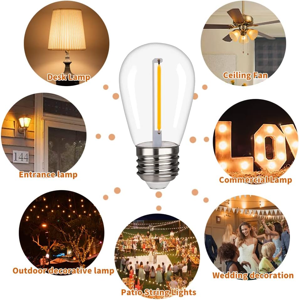 S14 Replacement LED Light Bulbs, Shatterproof & Waterproof 1W S14 LED Bulbs, E26 Base Patio Edison LED Light Bulbs for Outdoor String Lights , Warm White 2200K Plastic 70ML Non-Dimmable 48 Pack