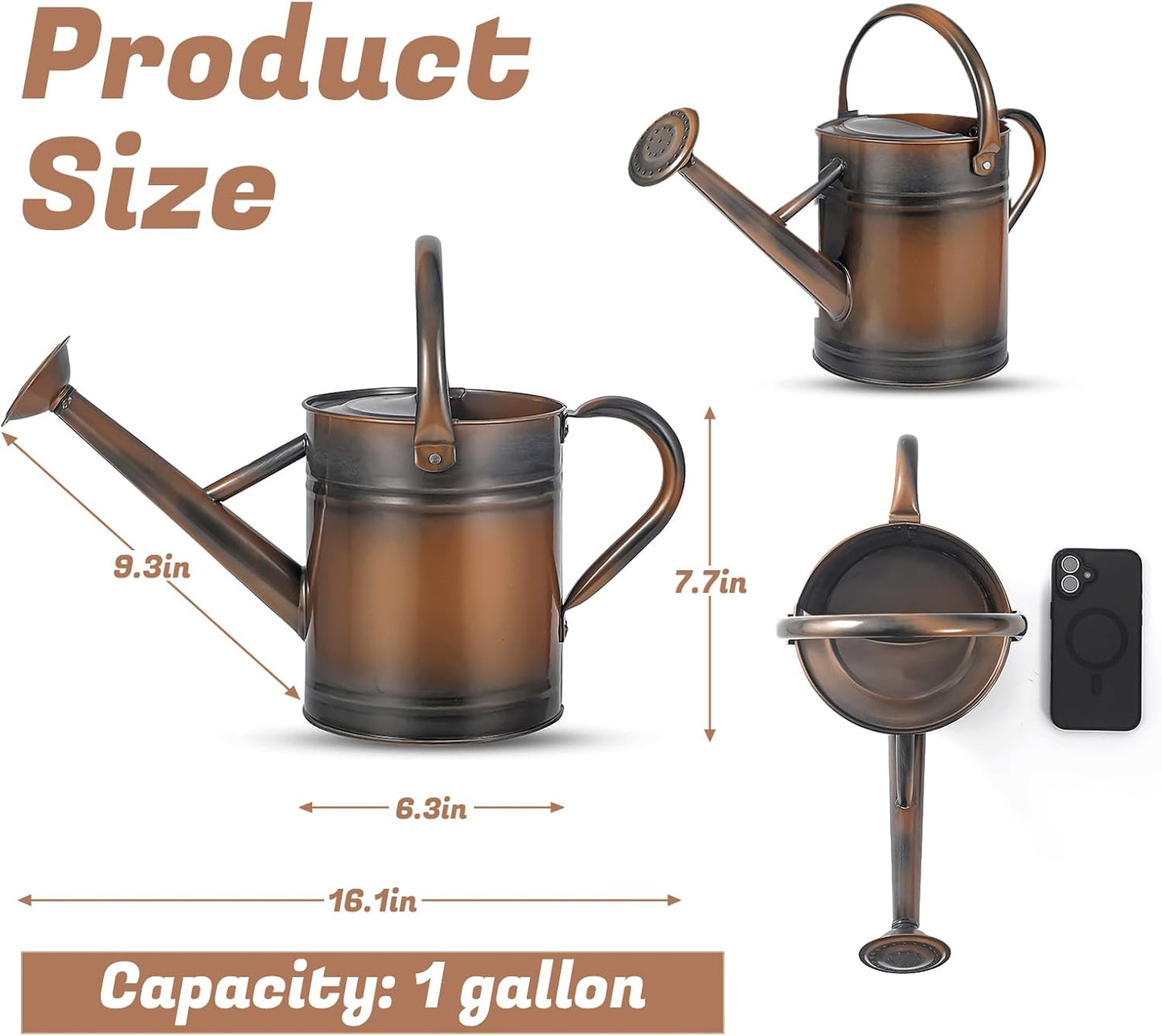 1 Gallon Watering Can for Plants, Watering Cans for Indoor&Outdoor Gardening, Galvanized Steel Watering Pot with Removable Spout, Metal Water Can with Ergonomic Movable Handle(Copper)