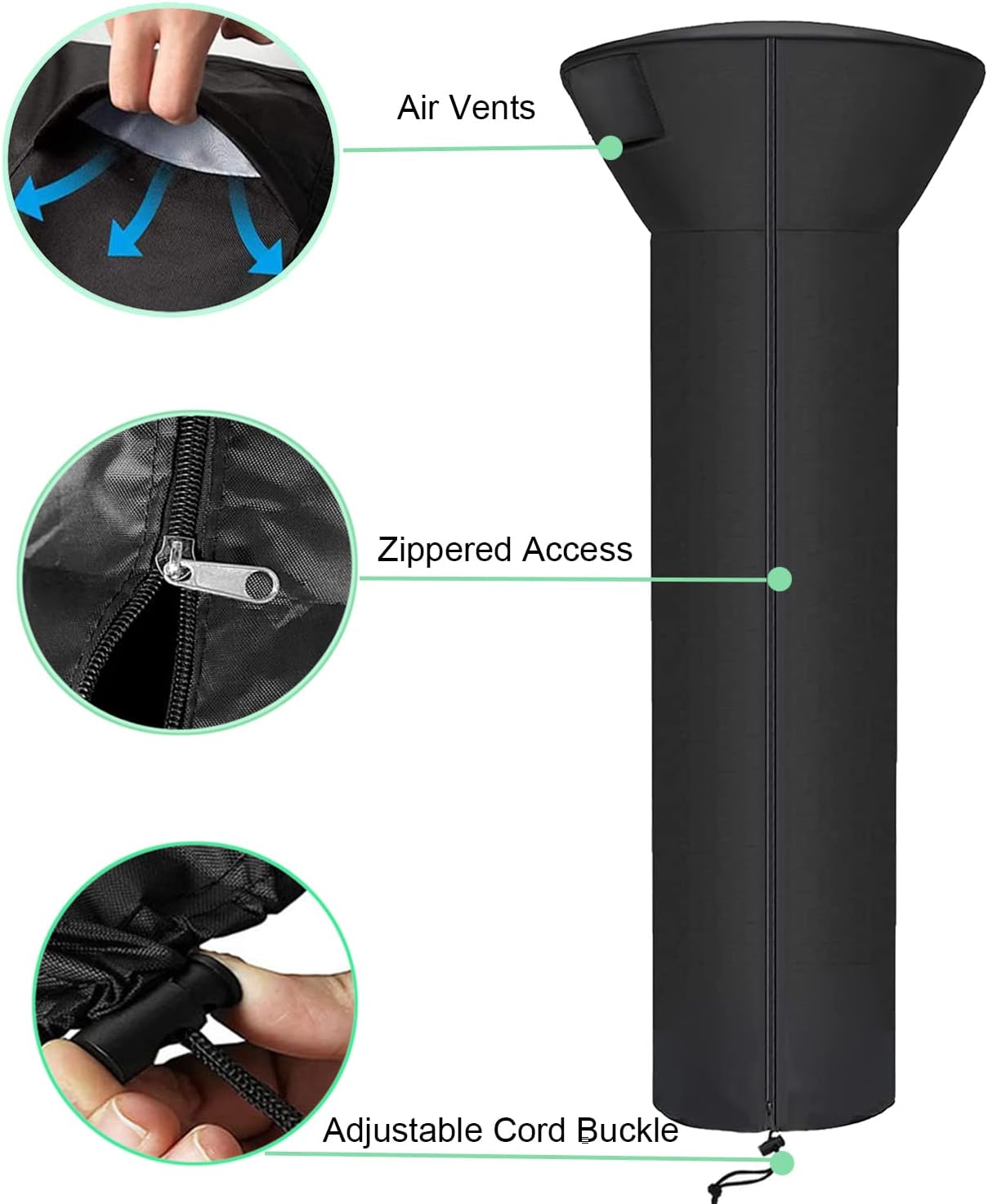 SIRUITON Patio Heater Covers with Zipper and Air Vent,Waterproof Outdoor Heater Cover, Dustproof,Wind-Resistant,UV-Resistant,Snow-Resistant,（89" Height x 33" Dome x 19"Base, 420D Black）