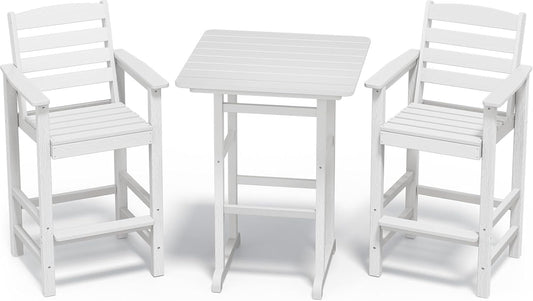SERWALL Tall Adirondack Bar Chairs and Table 3 Pieces Set, Adirondack Bar Height Chairs Set of 2 and Bar Table, Outdoor Bar Stools Set for Bistro, Poolside, Backyard, White