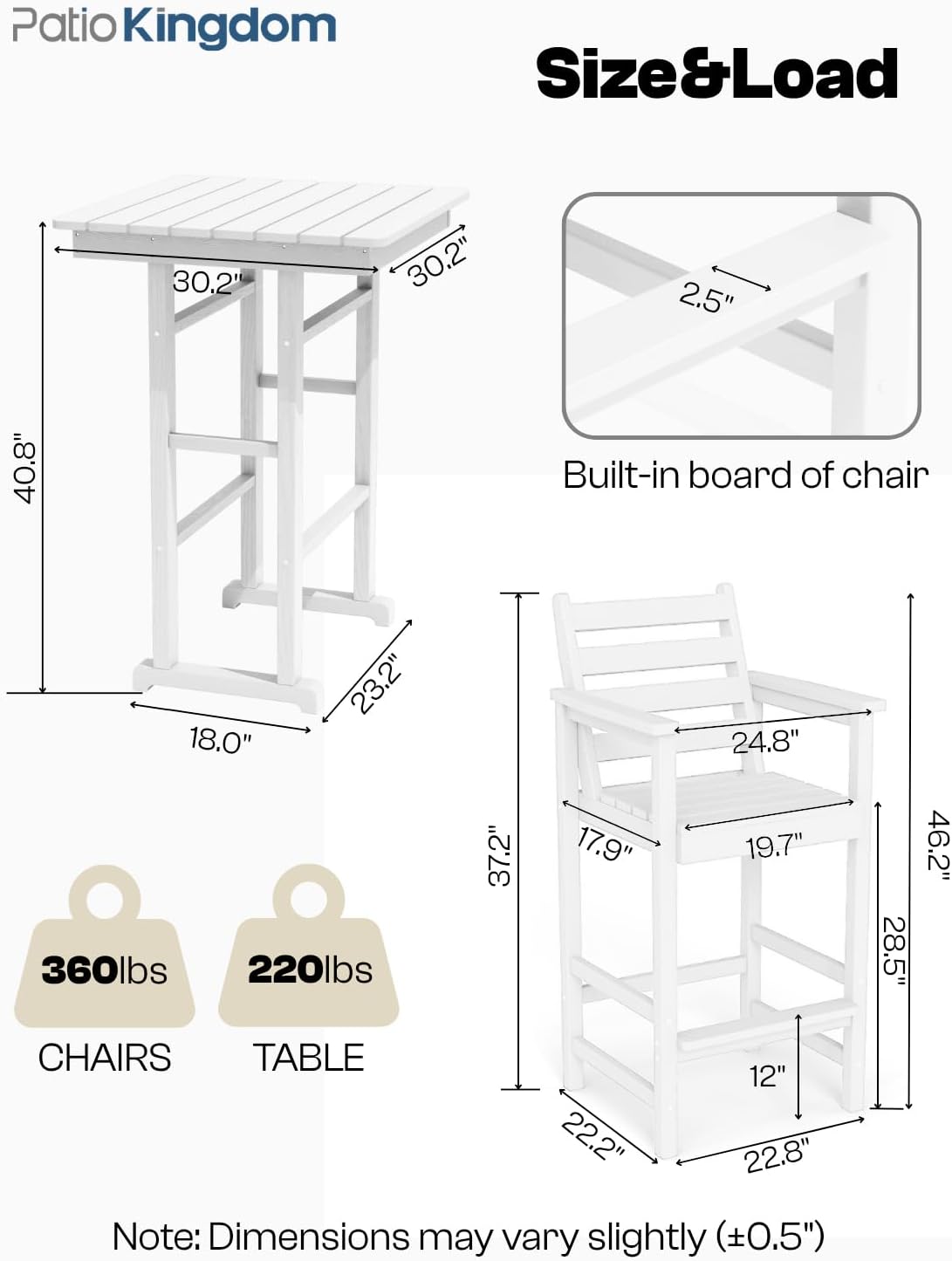 Outdoor Bar Set, 3-Piece HDPE Balcony Set with 2 Tall Adirondack Chairs and Bar Table, All-Weather Bar Height Stools for Patio, Backyard, Poolside (White)