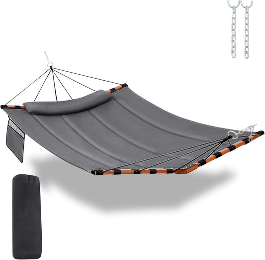 TegerDeger 12FT 2 Person Hammock Large Hammock 450LB Capacity with V Shaped Hardwood Spreader Bar & Nylon Rope for Outside, Patio, Garden, Backyard, Beach, Poolside - Gray