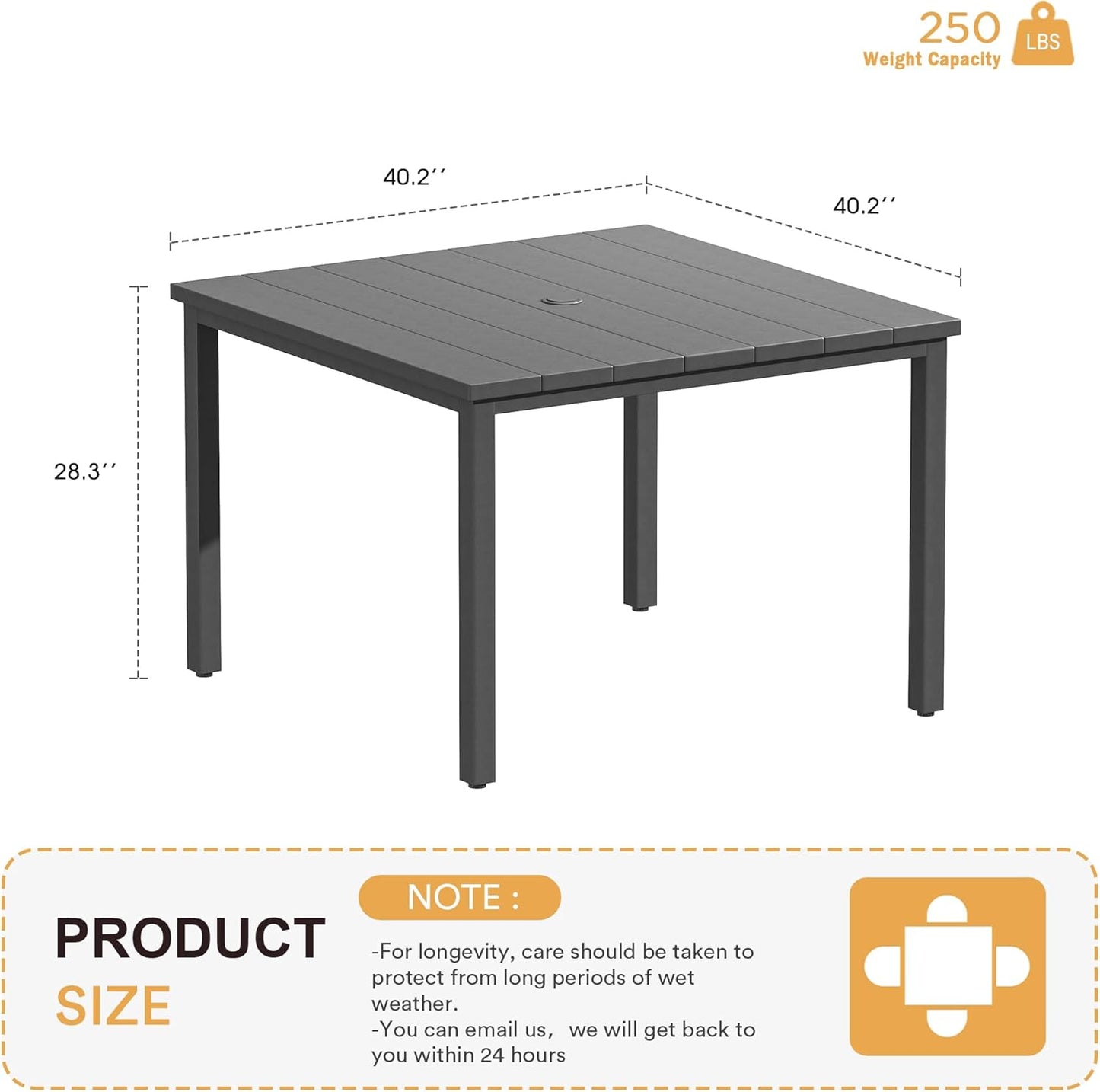VICLLAX 40.2" Square Patio Dining Table for 4, Outdoor Table with Umbrella Hole, All Weather Metal Patio Table for Lawn Garden, Grey Tabletop