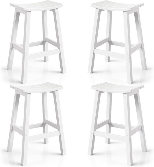 Weatherproof Bar Stools Set of 4, 28" Height Outdoor Bar Stools Holds up to 400 lbs, Saddle Seat, Bar Height Stools for Patio, Garden, and Kitchen Island, White