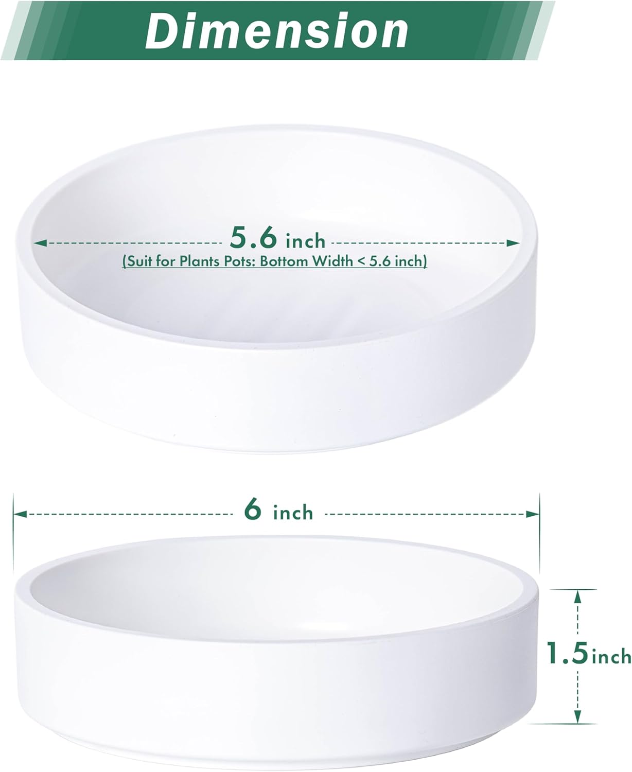 Phoenix Vine 6 Inch Plastic Plant Saucer Water Drip Tray, Heavy Sturdy Round Plant Drainage Tray for Indoors Outdoor, Set of 2, Matte White, 21-TY-6W-2