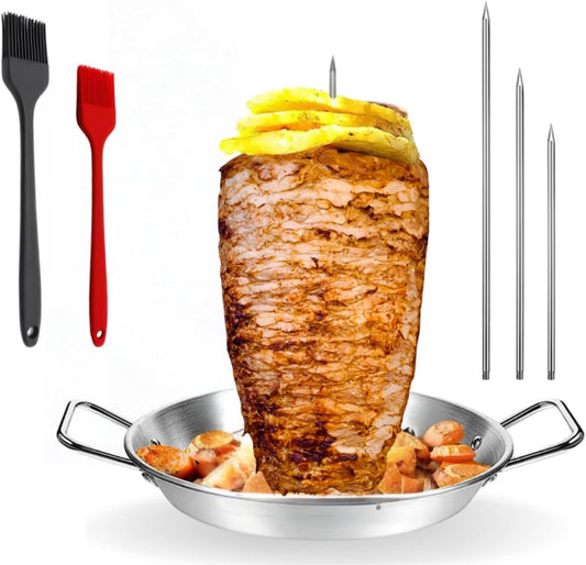 Al Pastor Skewer for Grill, Stainless Steel Vertical Gyro Plate for Oven, Rotate, Spit Stand, with Brushes, 3 Removable Spikes 8/10/12 BBQ Dishes Shawarma Stand, Kebabs Smoker, Tacos.