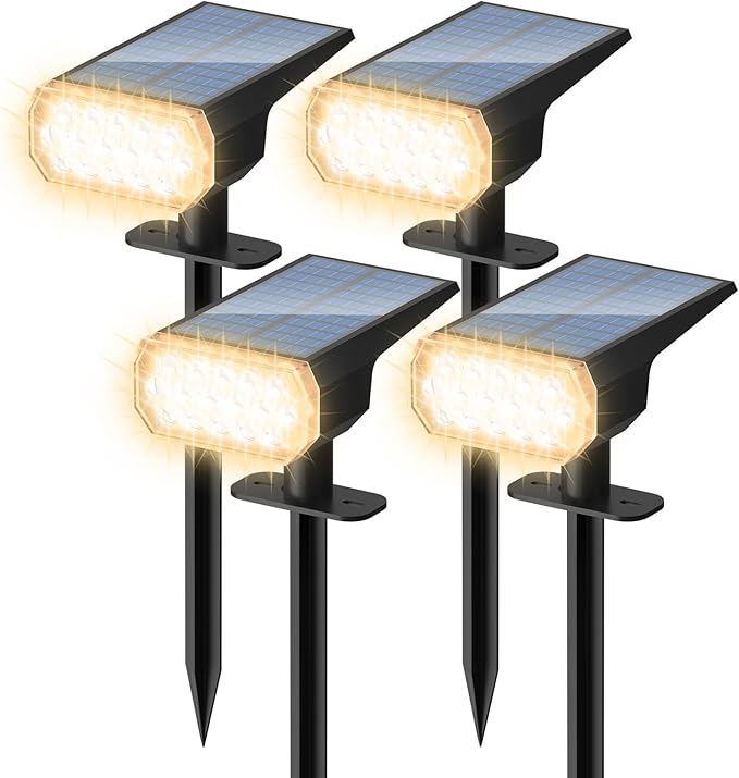 Solar Lights Outdoor Waterproof: IP65 Led Spot Light Decorations for Garden - 3 Lighting Modes Solar Powered for Yard - Dust to Dawn Landscape Lighting Patios Pathway Driveway 4PC Warm