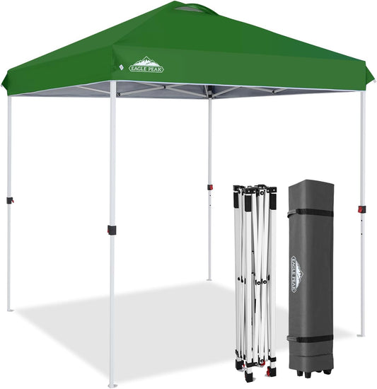EAGLE PEAK Pop Up Canopy Tent with Wheeled Carry Bag, 8 Stakes, 4 Ropes, Easy Set Up Tent Canopy, 6.6x6.6 ft, Green