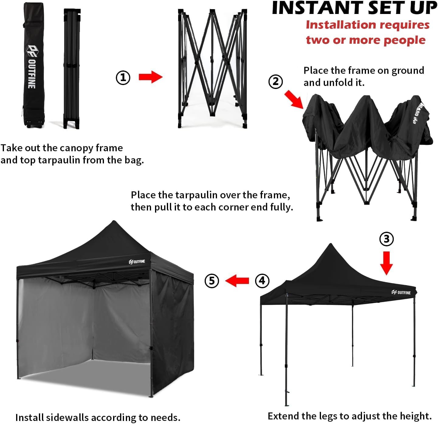 OUTFINE Heavy Duty Canopy 10x10 Pop Up Commercial Canopy Tent with 3 Side Walls Instant Shade, Bonus Upgrade Roller Bag, 4 Weight Bags, Stakes and Ropes (Black, 10 * 10FT)