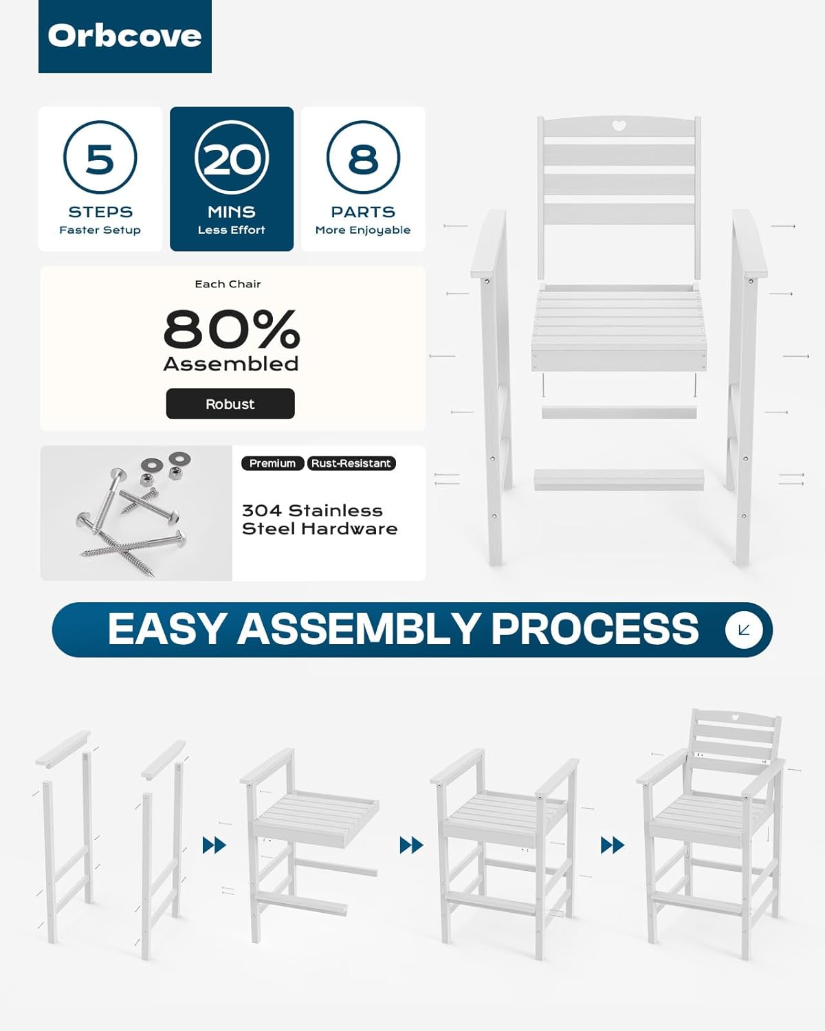 Tall Adirondack Chairs Set of 4, HDPE Wood Balcony Adirondack Chairs Set with Heart Cutout Design, Weather-Resistant Bar Height Furniture for Deck, Porch, Pool (White)