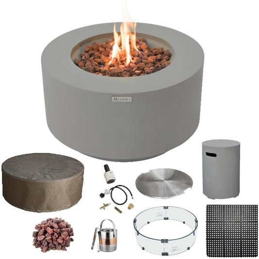 AMS Fireplace | Modeno Waterford Package | Light Gray Liquid Propane Gas Fire Pit Table for Outside Patio Bundle with Tank Cover | Free Ice Bucket & Rubber Mat