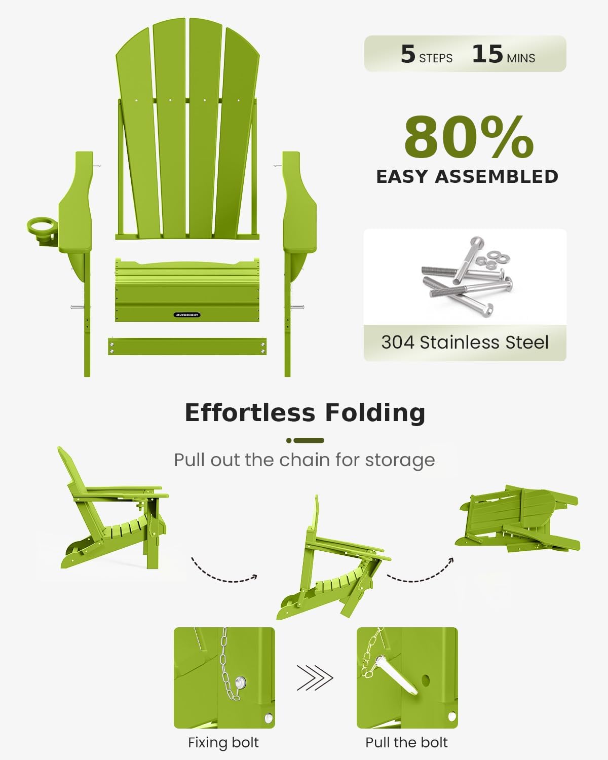 MUCHENGHY Folding Adirondack Chairs, Patio Chairs, Lawn Chairs, Outdoor Chair, Adirondack Chair Plastic, Fire Pit, Weather Resistant with Cup Holder for Deck, Backyard, Garden(Lemon Green)