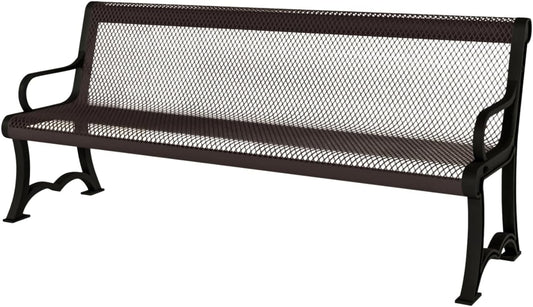 Coated Outdoor Furniture Heavy-Duty Outdoor Bench Thermoplastic Coated, Expanded Metal, Commercial-Grade Garden Bench, Made in America (Portable with Back, 4 Ft, Brown)