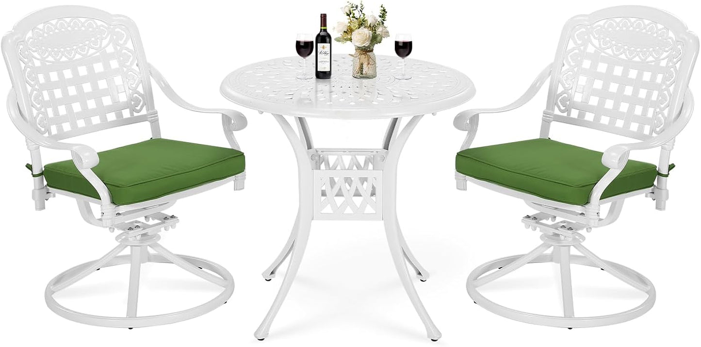 VIVIJASON 3-Piece Patio Bistro Set, Outdoor All-Weather Cast Aluminum Furniture Dining Set, Include 2 Swivel Rocker Chairs and 31" Round Table w/Umbrella Hole for Balcony, Lawn, Garden, White