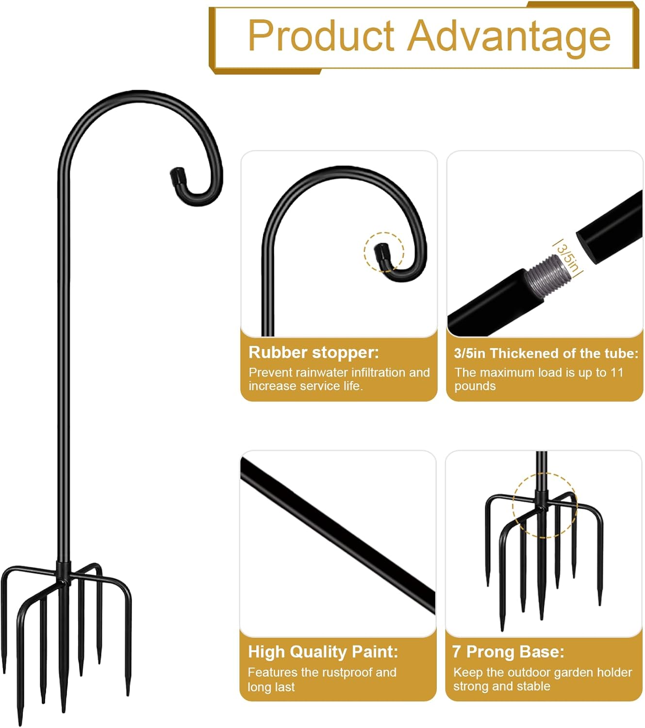 Shepherd Hook 108 Inch Tall Heavy-Duty Metal Garden Hanging Pole Stake for Bird Feeder Pole Plant Baskets, Black (2 Pack)