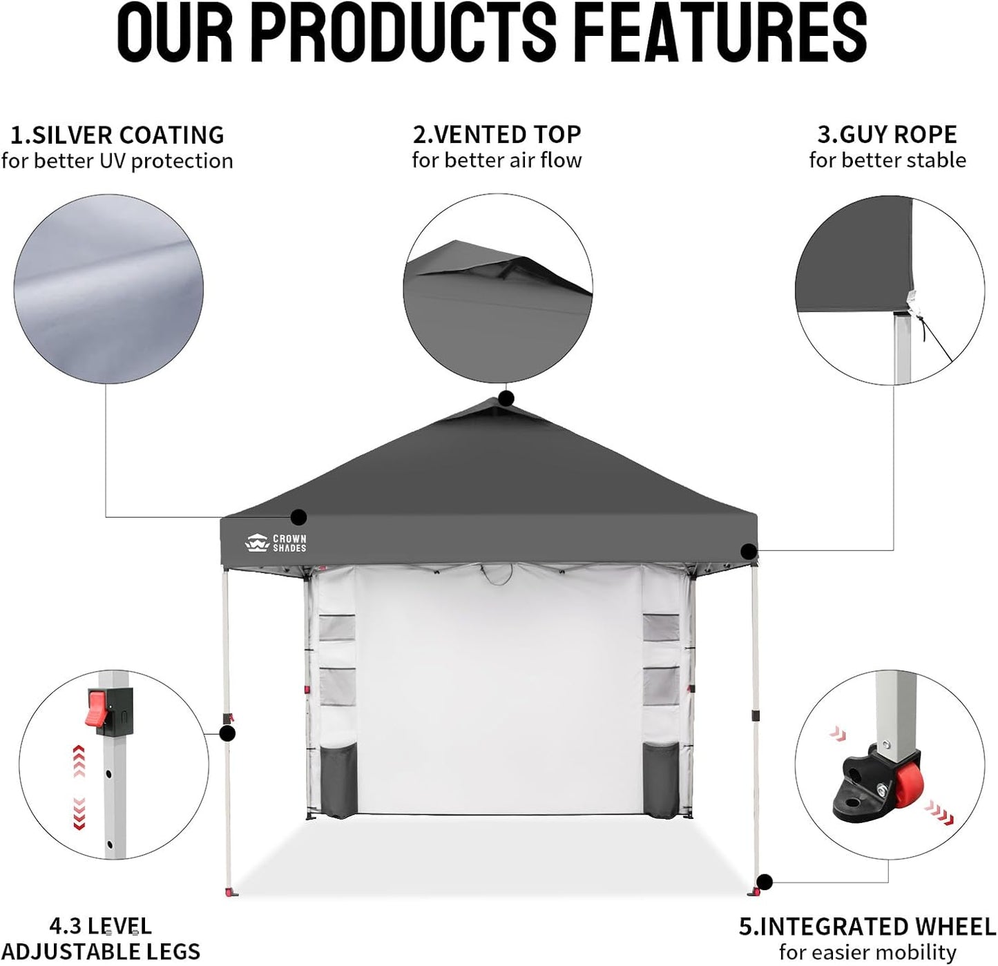 CROWN SHADES Canopy Tent 10x10 Pop Up Canopy Outdoor Shade with Pockets Sidewall, Easy Up Sun Shelter with One Person Set Up Center Lock, Portable Instant Camping Beach Canopy Tents, Grey