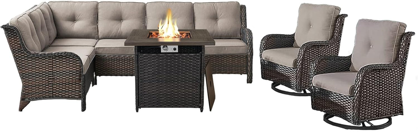 Outdoor Sectional Sofa Furniture Set with 50000BTU Propane Fire Pit Table, Wicker Patio Conversation Set with 2 Swivel Glider Rocker Chairs Grey Cushion Perfect for Backyard Casual Gathering