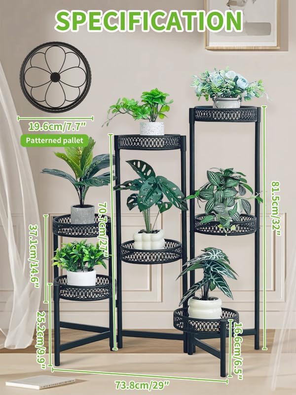 Plant Stand Indoor Outdoor, 7 Tier Large Plant Stand with 7.9-Inch Wide Drainage Tray, Tiered Corner Metal Iron Flower Display Holder Shelf, Folding Tall Rack for Patio Balcony Porch - BlackFlower