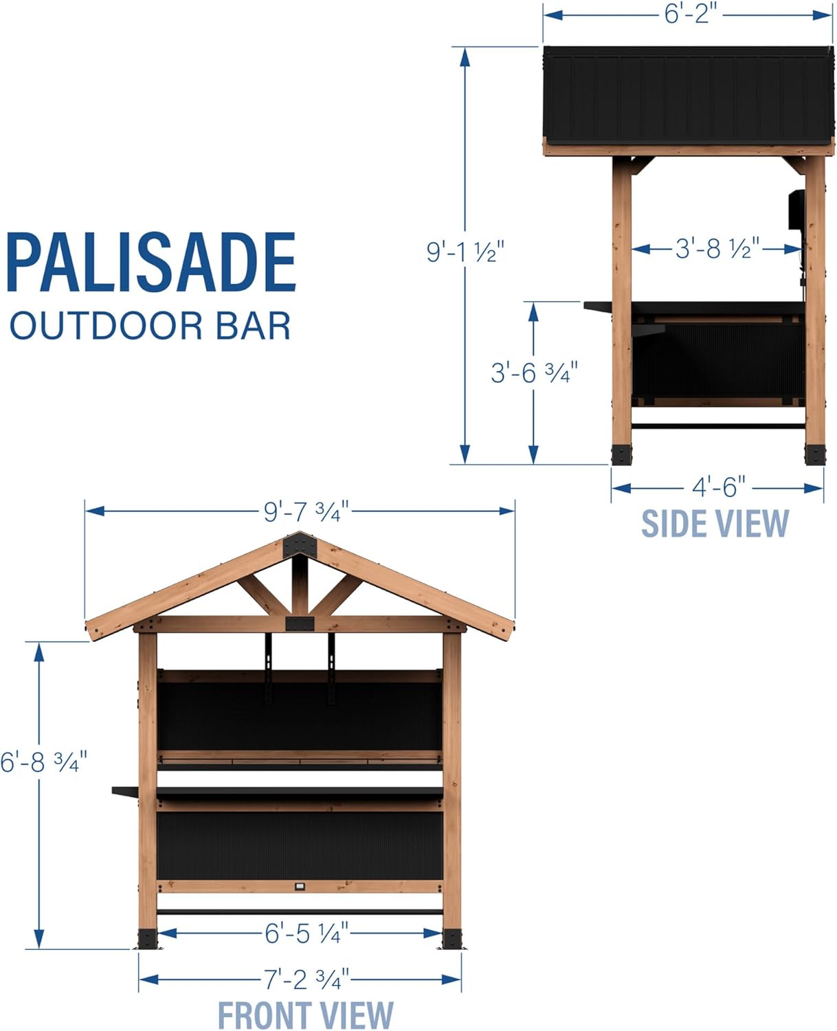 Backyard Discovery Palisade 9' x 6' Cedar Wood Outdoor Bar Set with Galvanized Steel Roof, Bar Top, Shelving, Snow Load Support, Wind Resistance, PowerPort for Patio, Deck, Entertaining