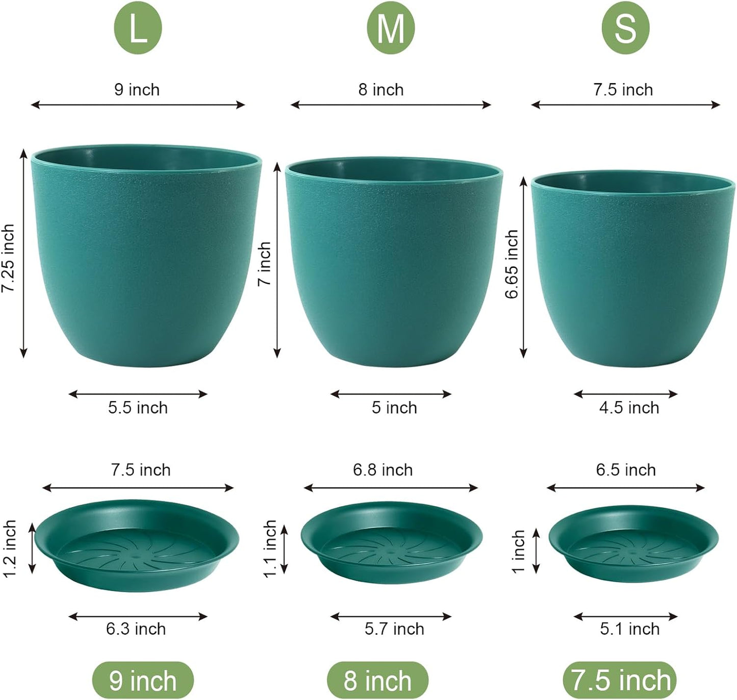 Modern Plant Pots Set, 9/8/7.5 inch Plastic Planters for Indoor Plants, Stylish Flower Pots with Drainage Holes and Saucers for House Plants and Flowers, Blue