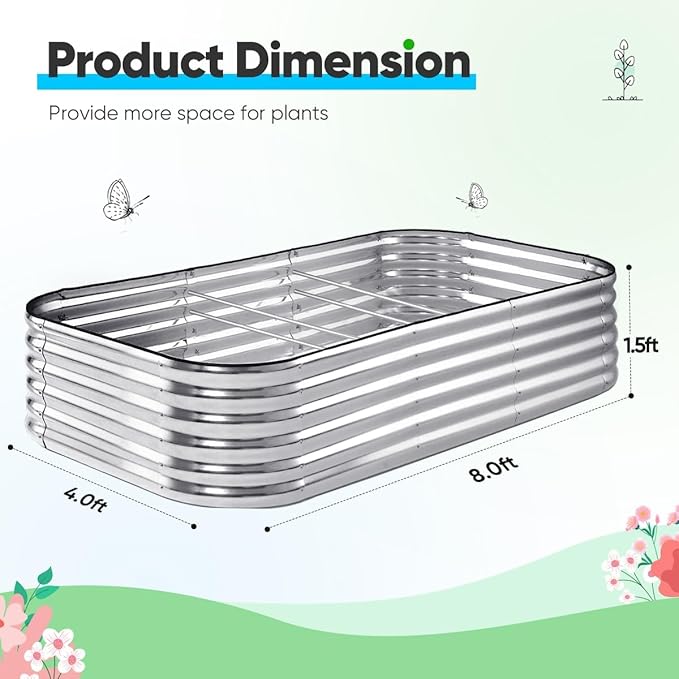 Quictent Raised Garden Bed Kit Oval Galvanized Metal Planter Box Tall for Vegetables Outdoor Backyard, Rubber Strip Edging Included, Silver 8x4x1.5 ft