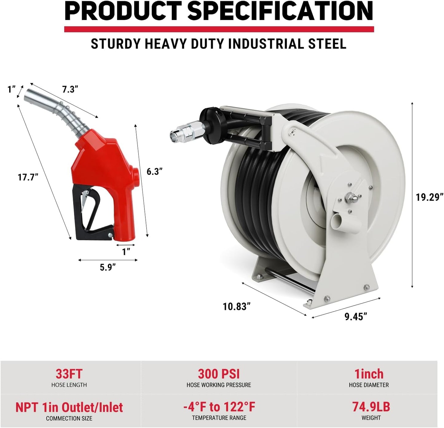 Fuel Hose Reel, 1" x 33' Diesel Fuel Reel with Refueling Nozzle, 300 PSI Heavy-duty Steel Construction Used for Aircraft Ship Vehicle Tanker Truck