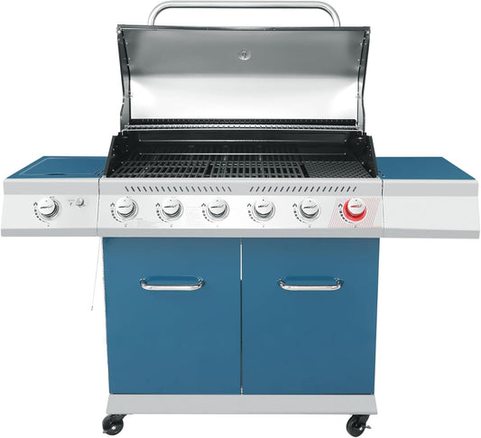 Royal Gourmet GA6402B 6 Burner Propane Gas Grill with Side Burner and Warming Rack, 74,000 BTUs, Cabinet Style Gas BBQ Grill for Barbecue Grilling & Backyard Cooking, Blue